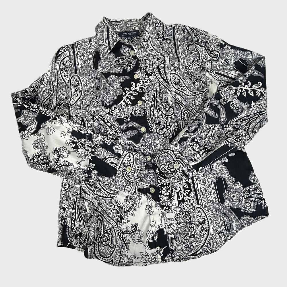 Jones New York Blouse Women PM Petite Paisley Black White Button Down Cotton Top